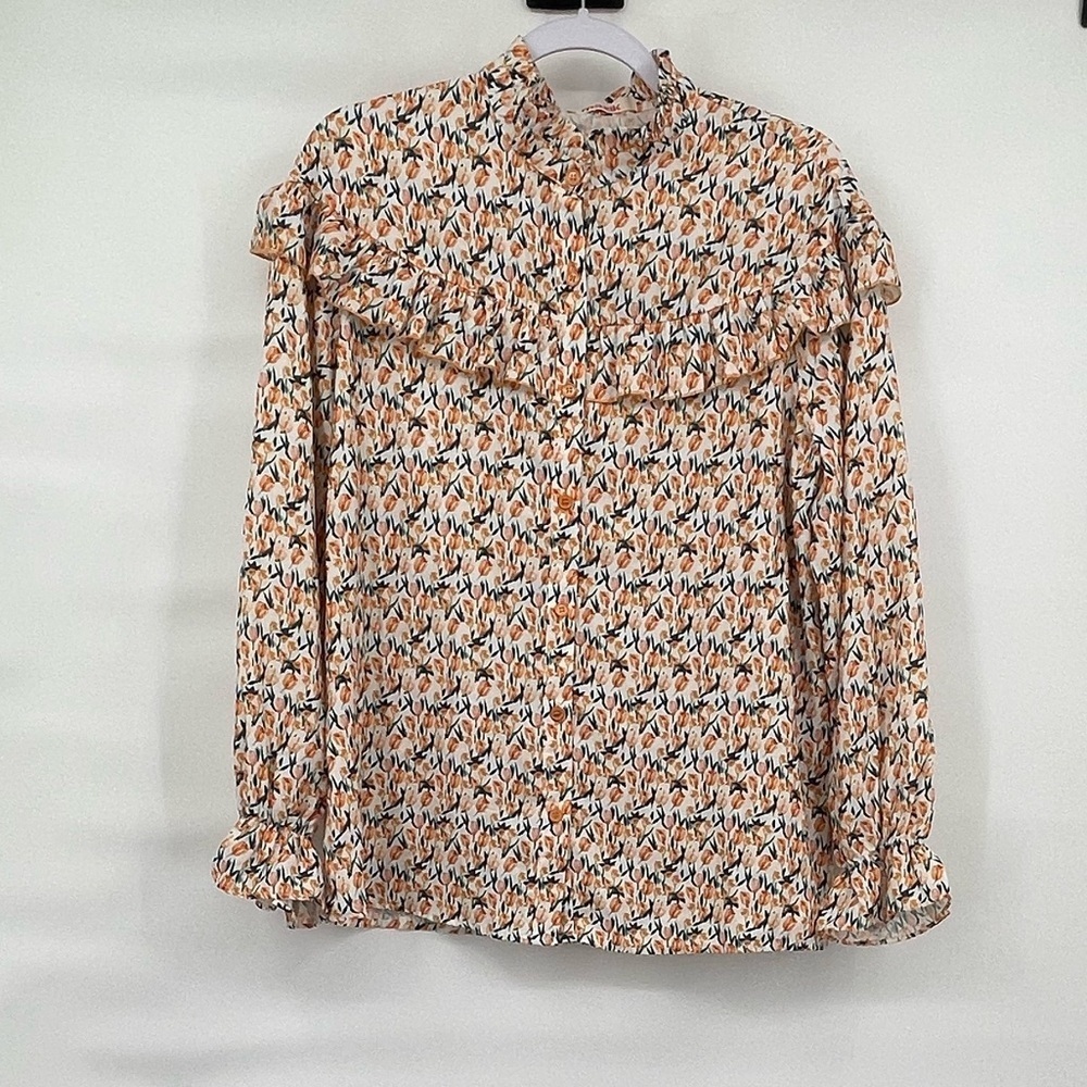 mazik floral print long sleeve ruffle collar button up blouse